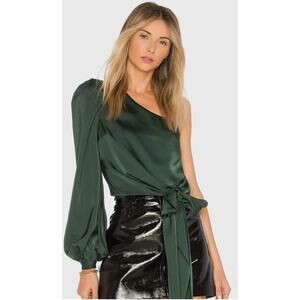 Lovers + Friends Kendall Blouse One Shoulder Satin Size Small Side Tie EUC Green